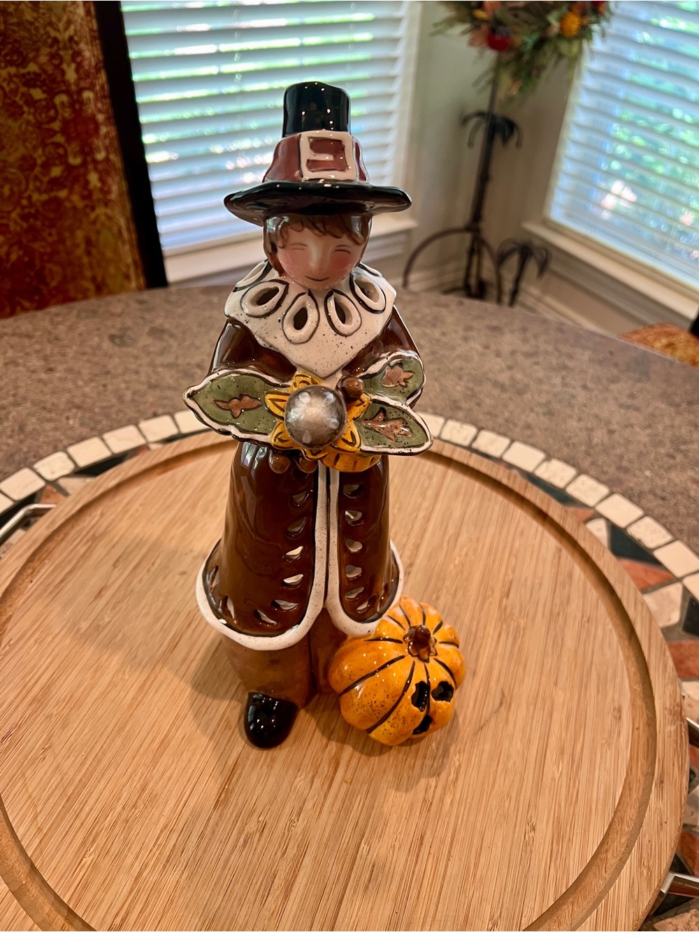 Ceramic Thanksgiving Pilgrim Figurine with Pumpkin - Tea Light Candle holder